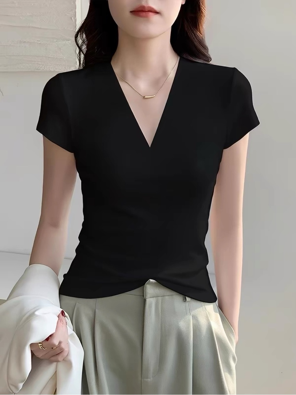 Classic Black V-Neck Short Sleeve Top